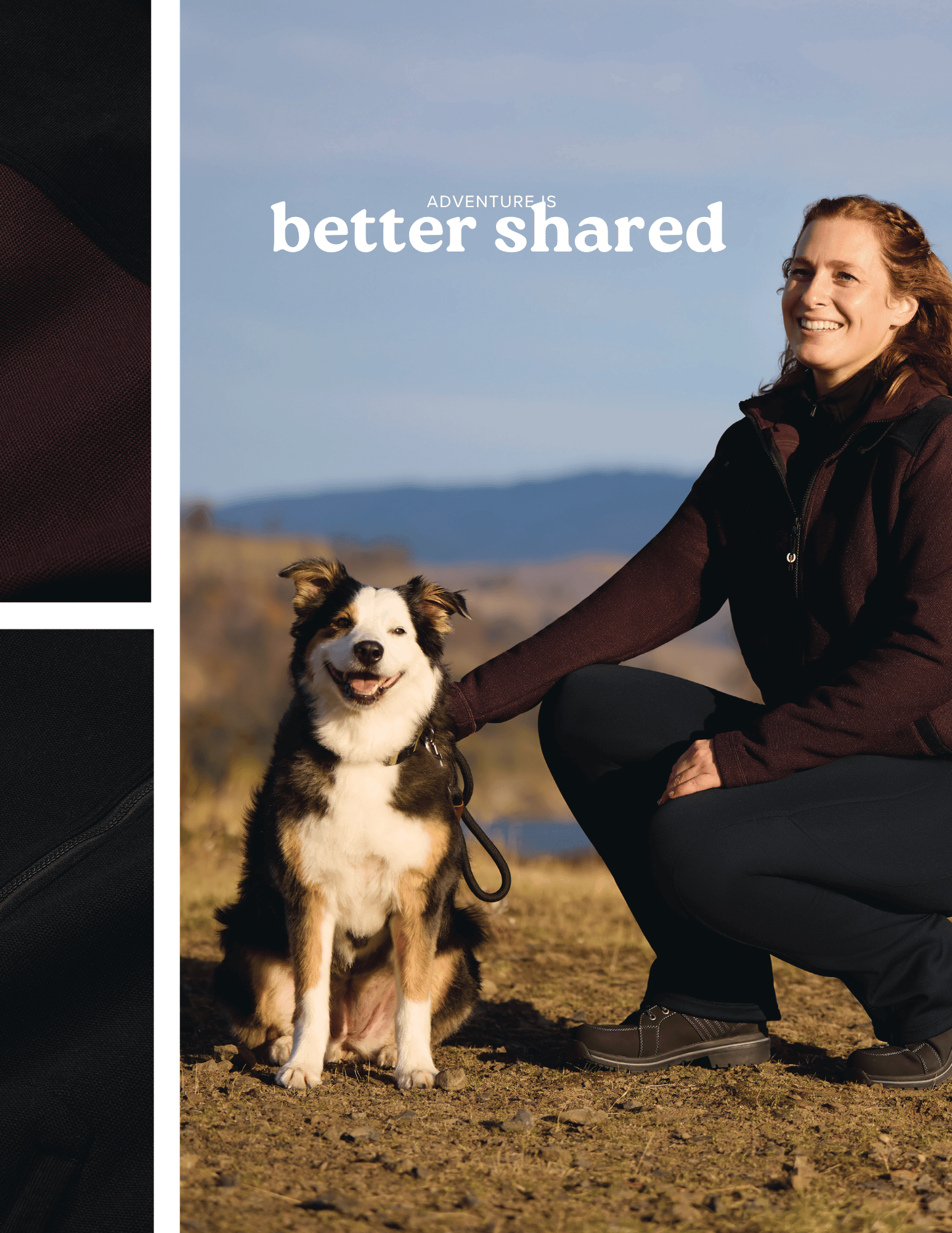 Woman and dog outdoors with "Adventure..."