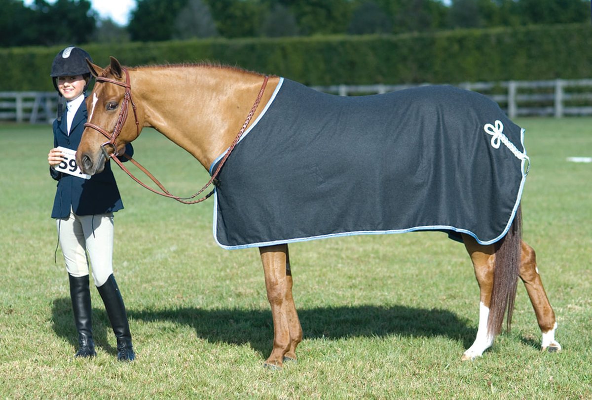 A rider standing with her chestnut horse wearing a navy Centaur cooler