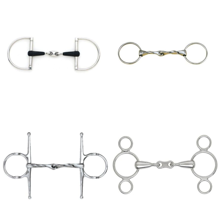 Four Centaur stainless steel bits: a rubber mouth Hunter Dee, a slow twist loose ring, a slow twist full cheek gag and a French link 2-ring gag