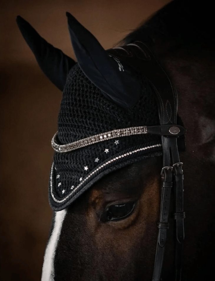 A bay horse in a black Dapplebay fly veil with sparkle trim