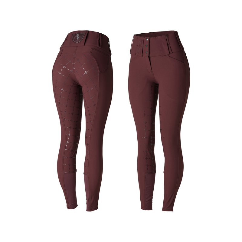 Horze Desiree high waist full seat breeches in wine red, front and back
