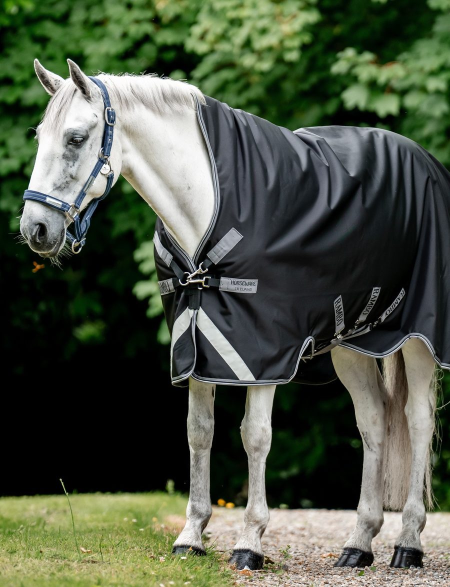 A gray horse in a black Rambo Wug turnout blanket standing at the edge of a paddock