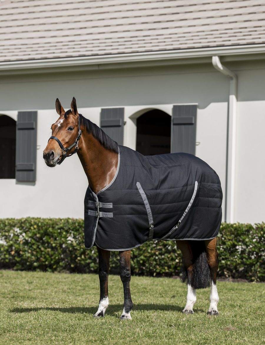A bay horse in a black Rambo stable blanket standing on the lawn in front of a white barn