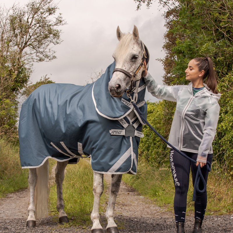 Amigo AmEco Bravo 12 Plus Turnout on a grey horse with its handler