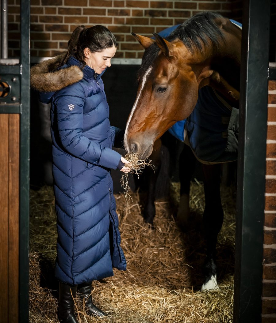 A rider in a navy Alessandro Albanese Nivia long puffer coat feeding hay to her bay horse in his stall