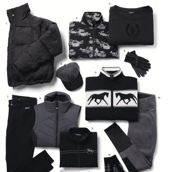 Kerrits Carbon + Black color story: tops, tights, jackets and accessories