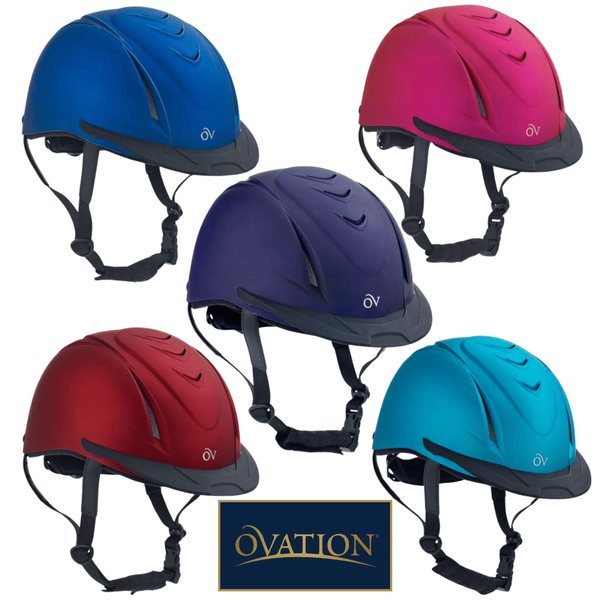 Ovation Deluxe Schooler helmets in blue, purple, red, pink and teal
