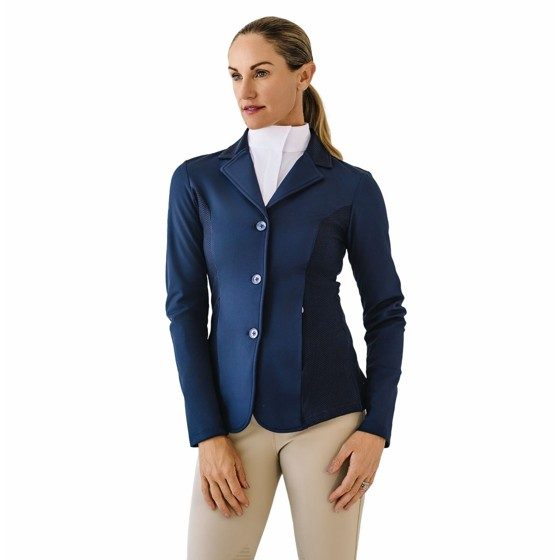 A rider in a navy Ovation Hybrid II show coat