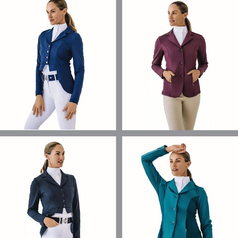 Ovation show coats in navy, plum, black and teal