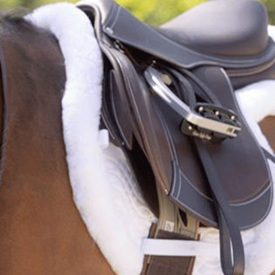 A white Ovation saddle pad under a brown leather saddle