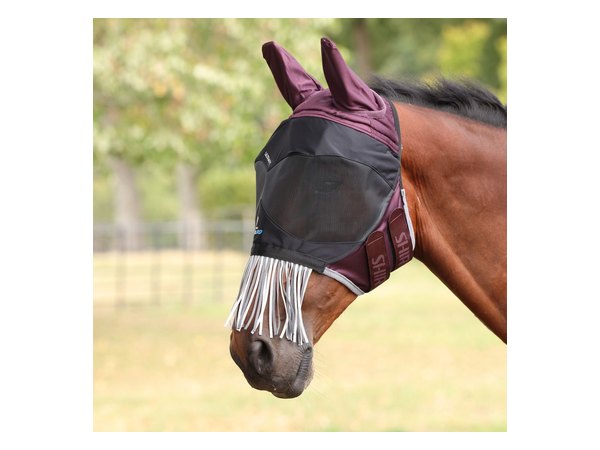 Shires FlyGuard Pro Deluxe Fly Mask w/Ears & Fringe - Black Cherry