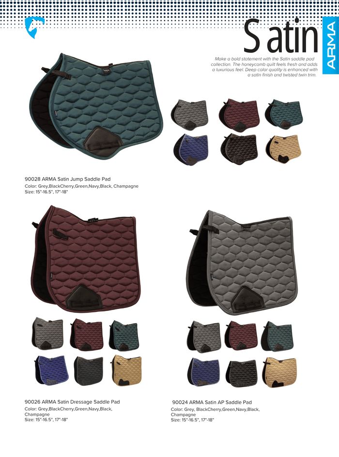 Shires ARMA Satin saddle pads, catalog page