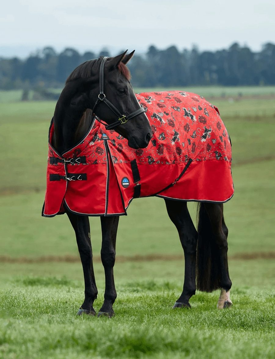 A black horse in a red WeatherBeeta ComFiTec turnout with a rodeo print standing in a green paddock