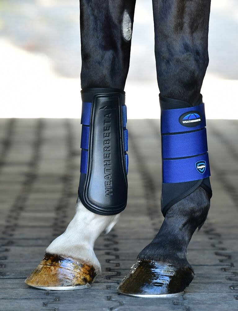 A horse's front legs in black and blue WeatherBeeta Tough-Tec Prime brushing boots