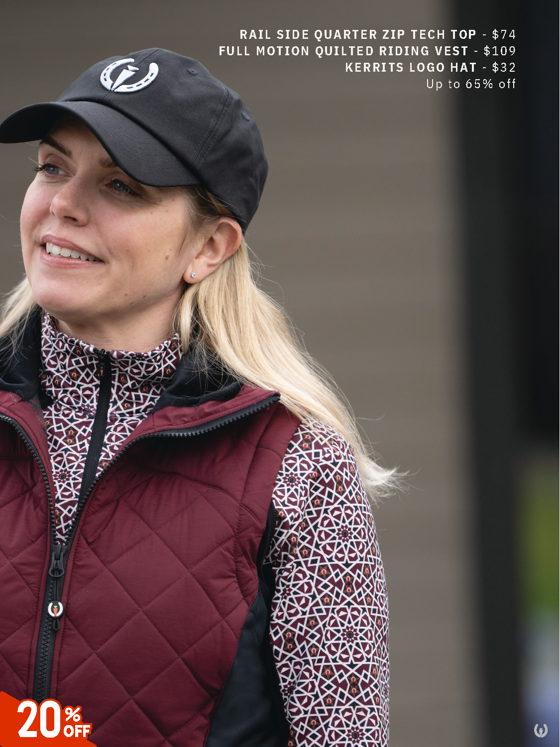 Kerrits Rail Side Top, Full Motion Quilted Vest + Logo Hat