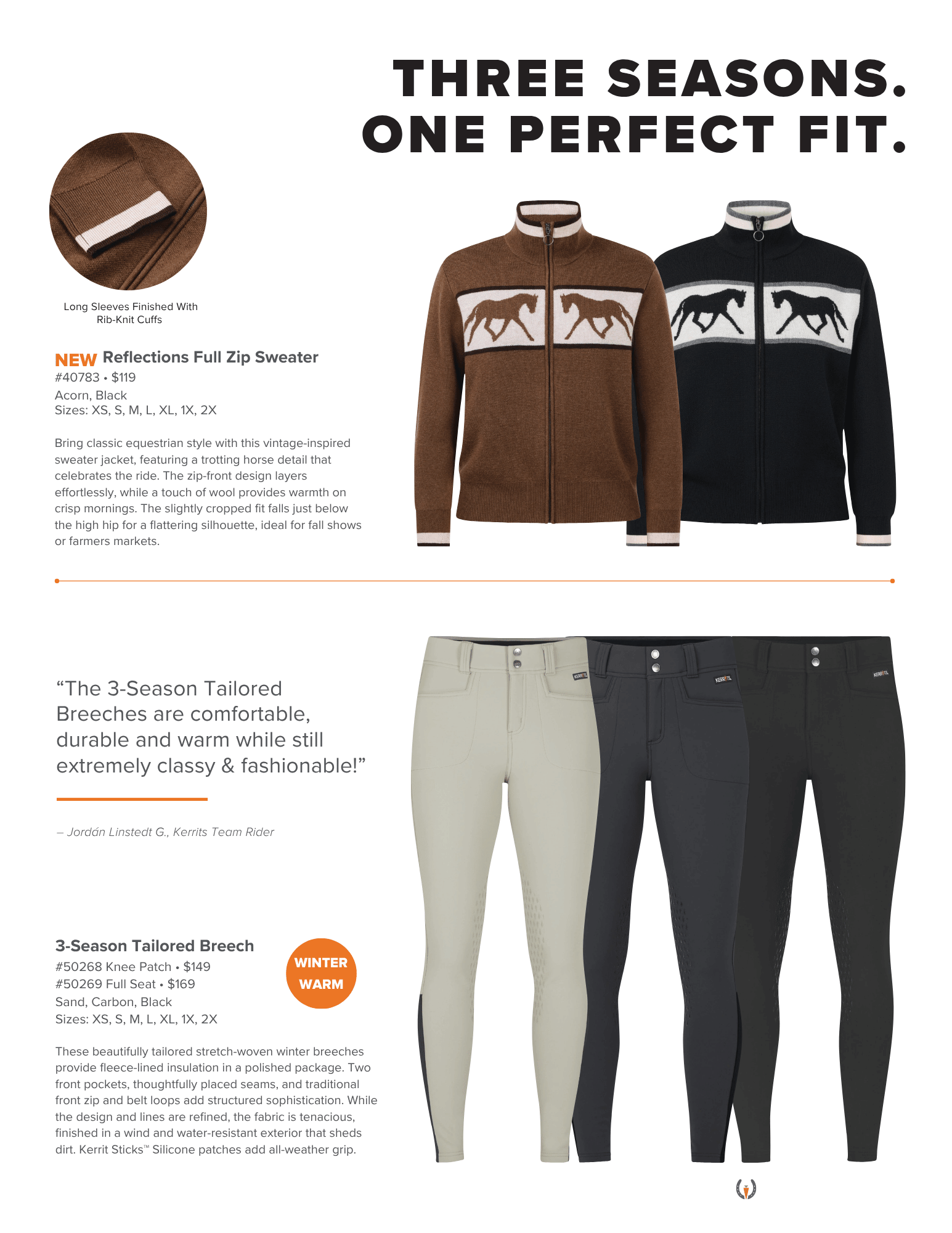Kerrits Reflections Full Zip Sweater, 3-Season Tailored Breech
