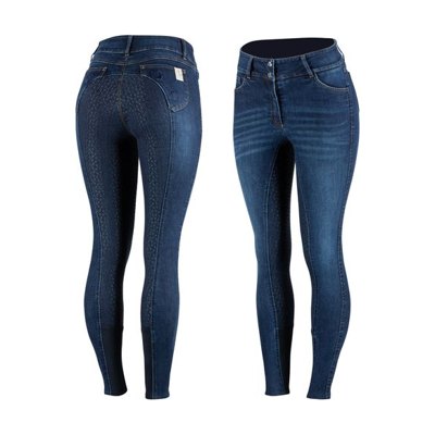 Horze Women's Kaia Highwaist Denim Silicone Full Seat Breech - Dark Blue
