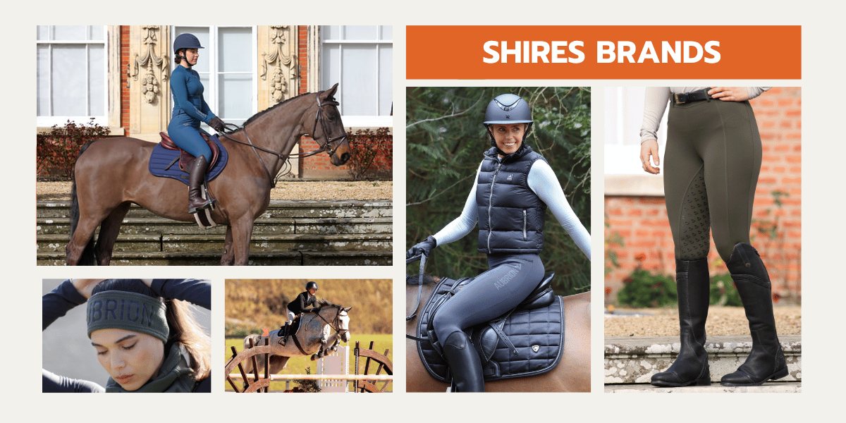 Shires Brands: a rider in Shires Aubrion on her bay horse, a rider in a Shires Aubrion vest and Shires Karben helmet, and Shires Moretta tall boots